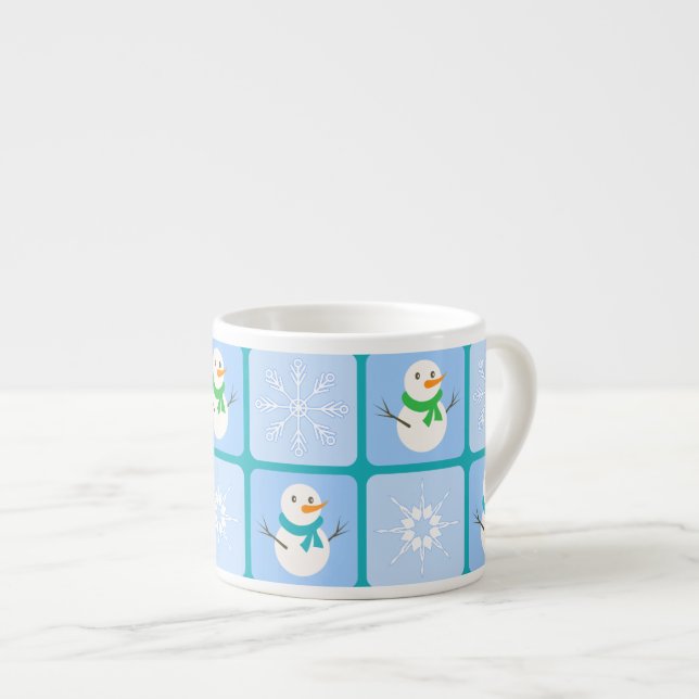 Winter chequered pattern snowman and snowflakes espresso cup (Front Right)