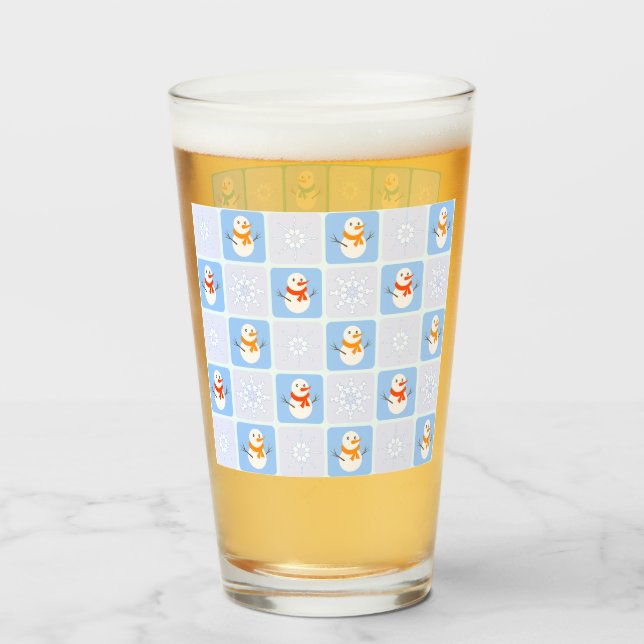 Winter chequered pattern snowman and snowflakes glass (Front Filled)