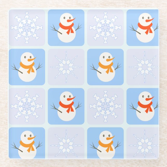 Winter chequered pattern snowman and snowflakes glass coaster (Front)