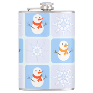 Winter chequered pattern snowman and snowflakes hip flask