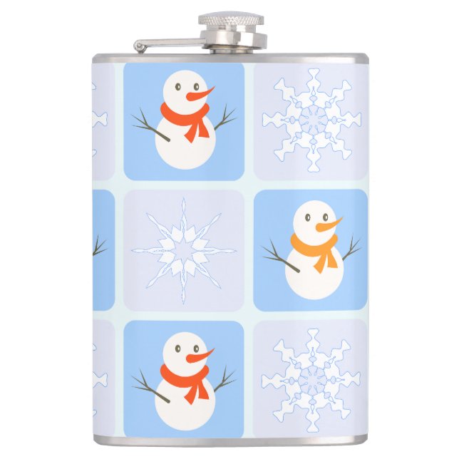 Winter chequered pattern snowman and snowflakes hip flask (Front)