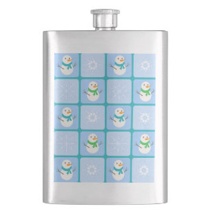 Winter chequered pattern snowman and snowflakes hip flask