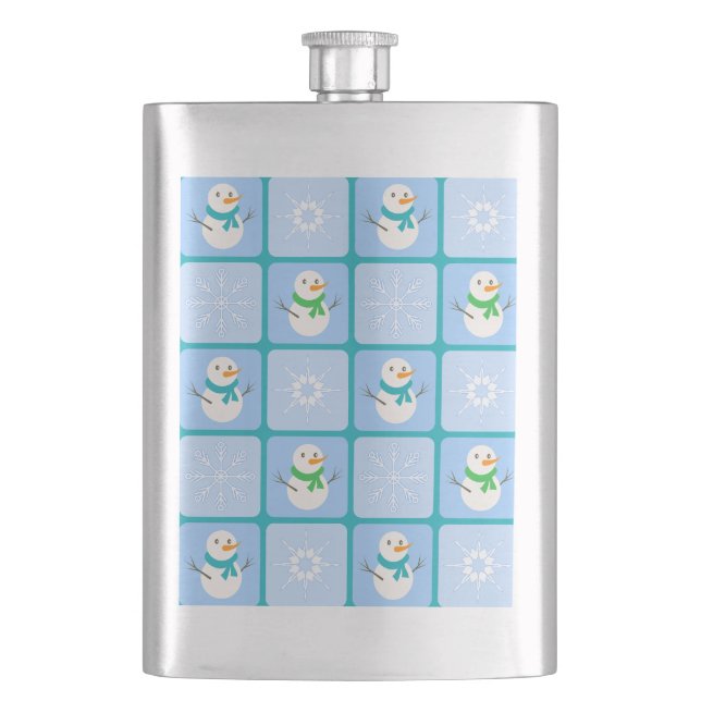 Winter chequered pattern snowman and snowflakes hip flask (Front)
