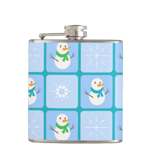 Winter chequered pattern snowman and snowflakes hip flask
