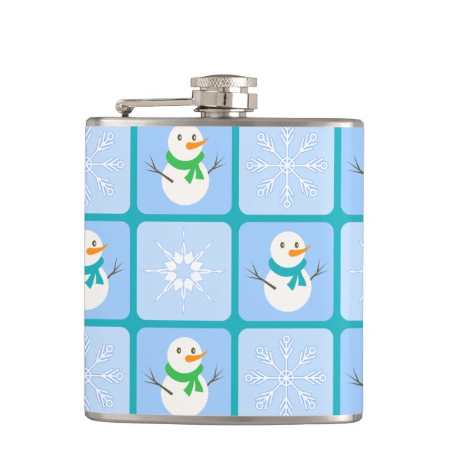 Winter chequered pattern snowman and snowflakes hip flask (Front)