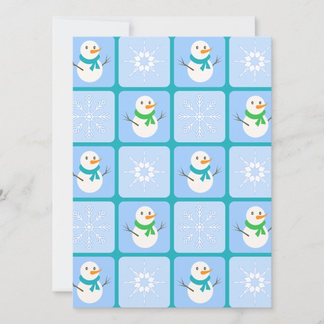 Winter chequered pattern snowman and snowflakes holiday card (Front)