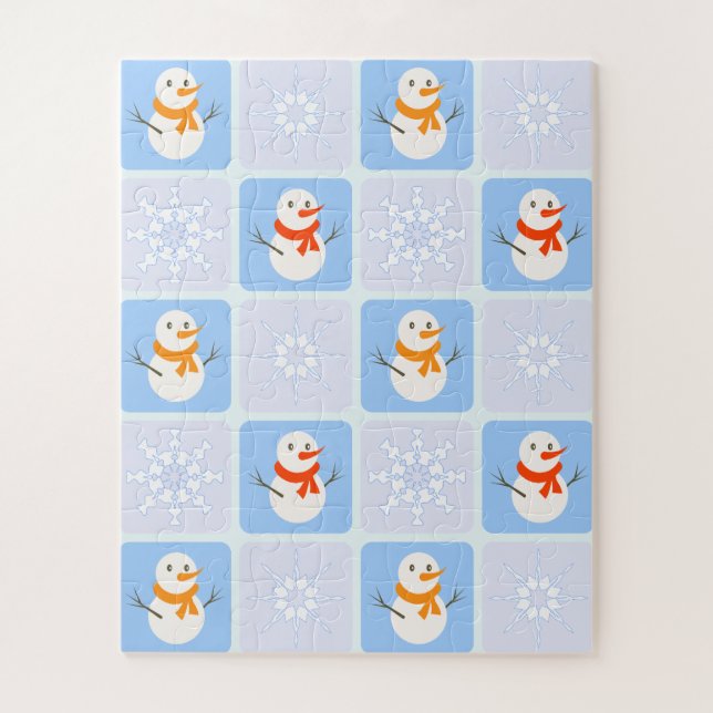 Winter chequered pattern snowman and snowflakes jigsaw puzzle (Vertical)