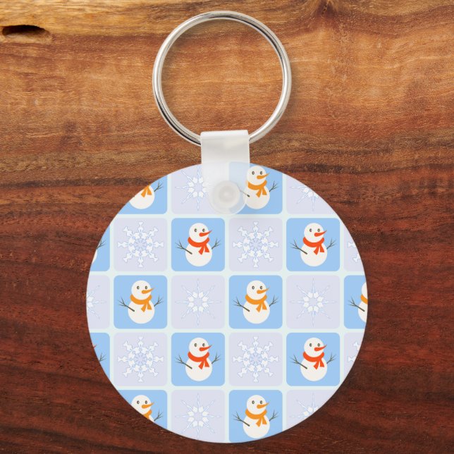 Winter chequered pattern snowman and snowflakes key ring (Front)