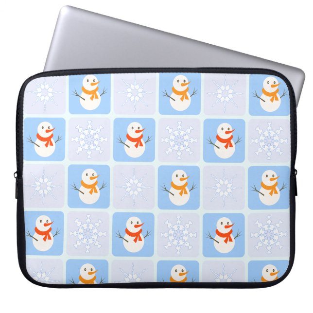 Winter chequered pattern snowman and snowflakes laptop sleeve (Front)