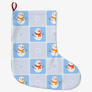 Winter chequered pattern snowman and snowflakes large christmas stocking