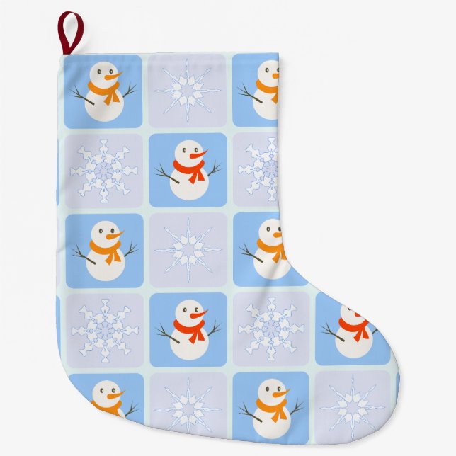 Winter chequered pattern snowman and snowflakes large christmas stocking (Front)