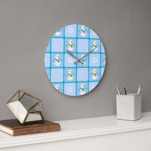 Winter chequered pattern snowman and snowflakes large clock