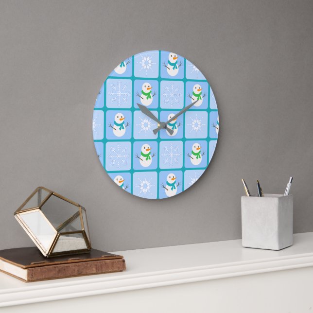 Winter chequered pattern snowman and snowflakes large clock (Office)