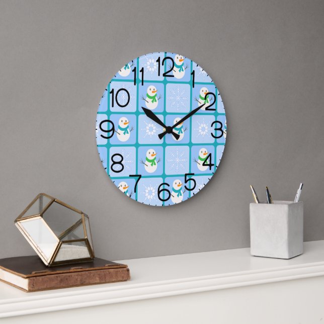 Winter chequered pattern snowman and snowflakes large clock (Office)
