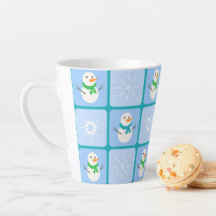 Winter chequered pattern snowman and snowflakes latte mug