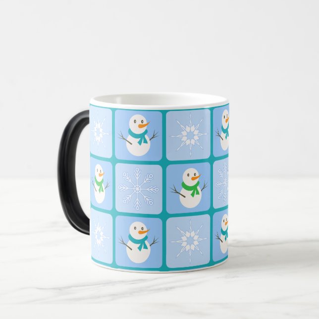 Winter chequered pattern snowman and snowflakes magic mug (Front Left)