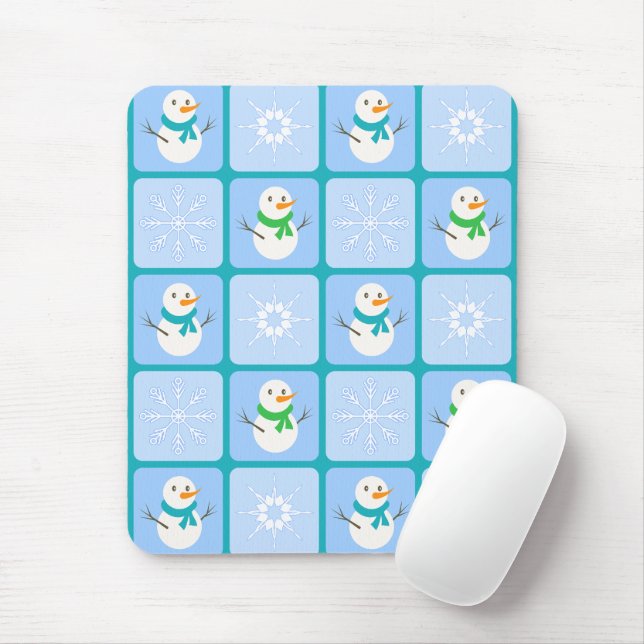 Winter chequered pattern snowman and snowflakes mouse pad (With Mouse)