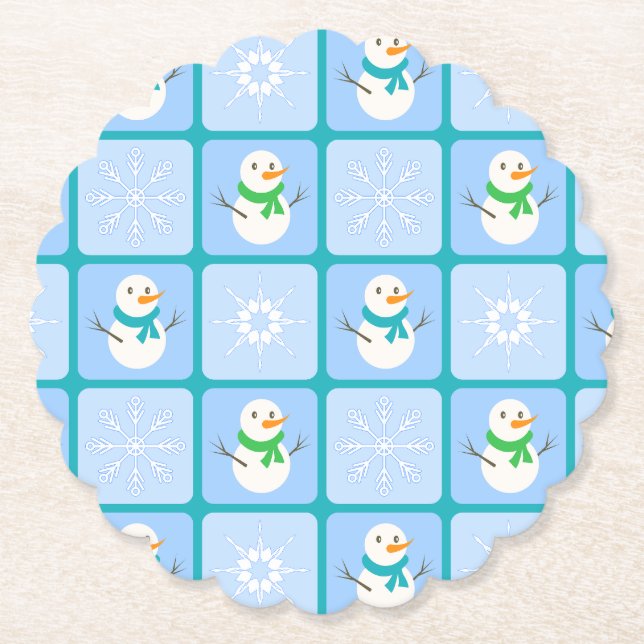 Winter chequered pattern snowman and snowflakes paper coaster (Front)
