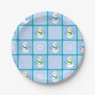 Winter chequered pattern snowman and snowflakes paper plate