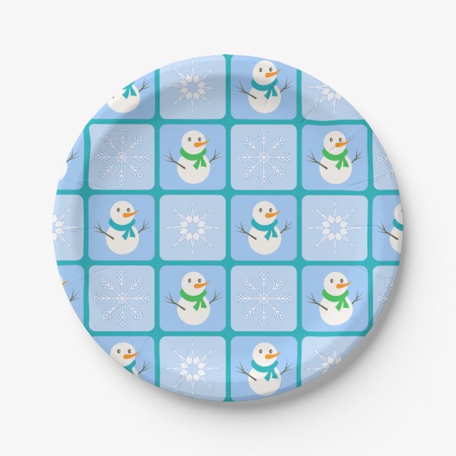 Winter chequered pattern snowman and snowflakes paper plate (Front)