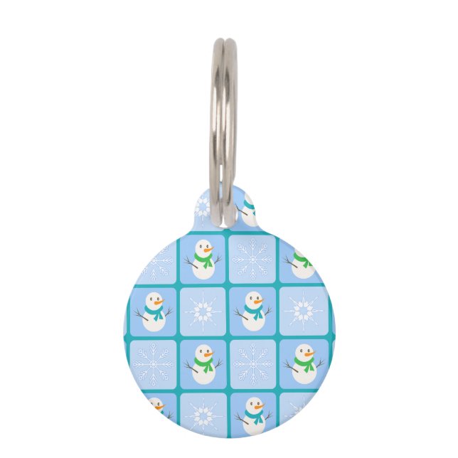 Winter chequered pattern snowman and snowflakes pet tag (Front)