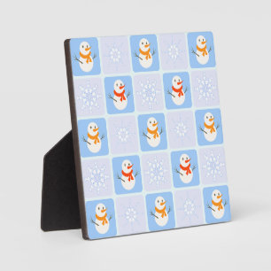 Winter chequered pattern snowman and snowflakes plaque