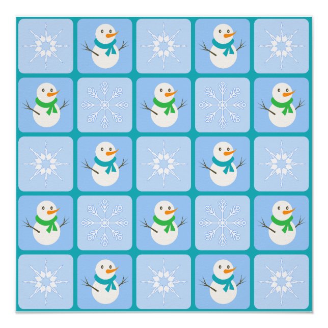 Winter chequered pattern snowman and snowflakes poster (Front)