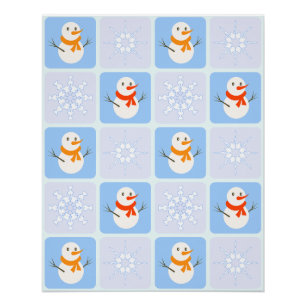 Winter chequered pattern snowman and snowflakes poster