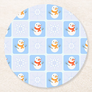 Winter chequered pattern snowman and snowflakes round paper coaster