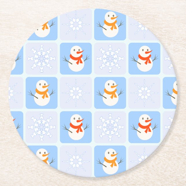 Winter chequered pattern snowman and snowflakes round paper coaster (Front)