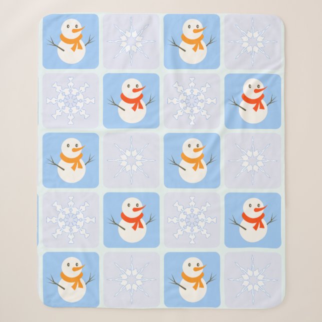 Winter chequered pattern snowman and snowflakes sherpa blanket (Front)
