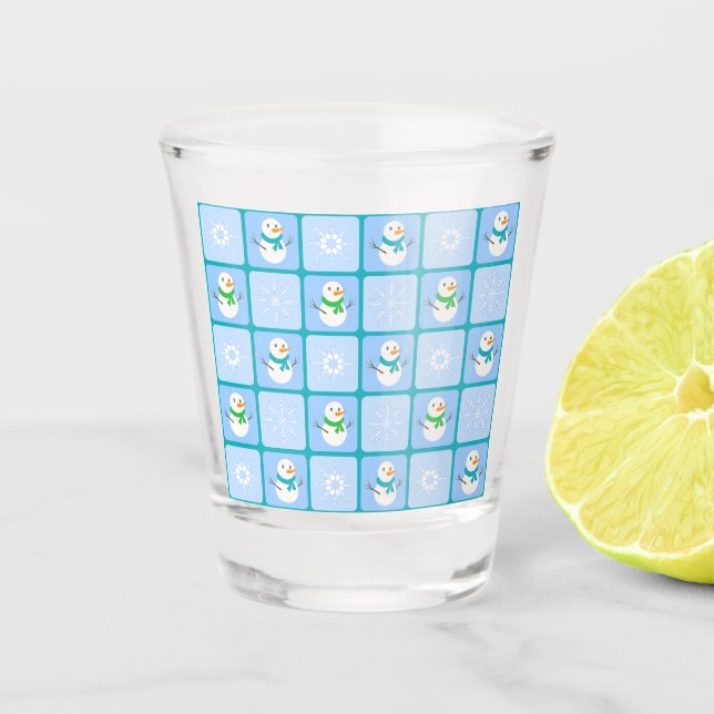 Winter chequered pattern snowman and snowflakes shot glass (Front)