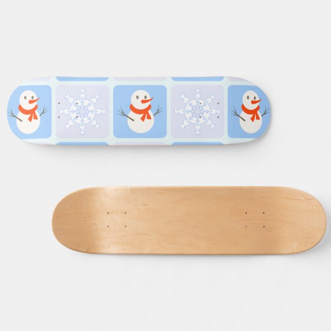 Winter chequered pattern snowman and snowflakes skateboard (Horz)