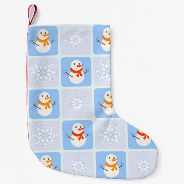 Winter chequered pattern snowman and snowflakes small christmas stocking (Front)