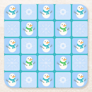 Winter chequered pattern snowman and snowflakes square paper coaster