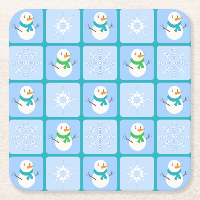 Winter chequered pattern snowman and snowflakes square paper coaster (Front)