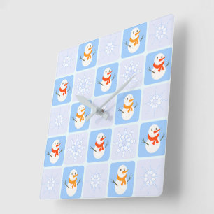 Winter chequered pattern snowman and snowflakes square wall clock