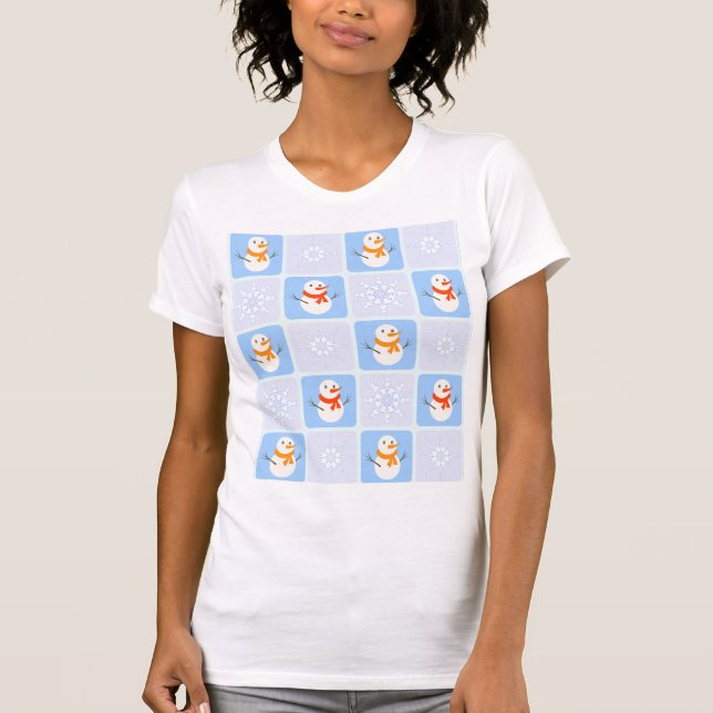 Winter chequered pattern snowman and snowflakes T-Shirt (Front)