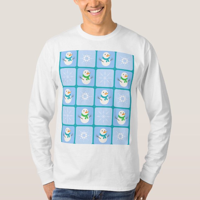 Winter chequered pattern snowman and snowflakes T-Shirt (Front)
