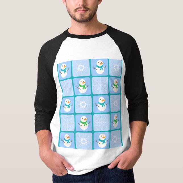 Winter chequered pattern snowman and snowflakes T-Shirt (Front)
