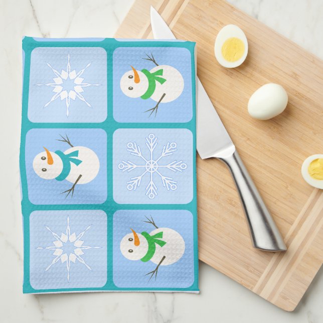Winter chequered pattern snowman and snowflakes tea towel (Quarter Fold)