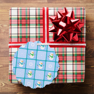 Winter chequered pattern snowman and snowflakes tree decoration card
