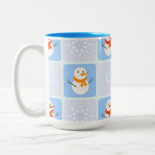 Winter chequered pattern snowman and snowflakes Two-Tone coffee mug