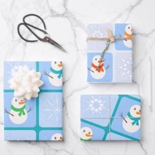 Winter chequered pattern snowman and snowflakes wrapping paper sheet
