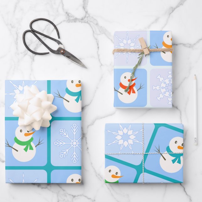 Winter chequered pattern snowman and snowflakes wrapping paper sheet (Front)