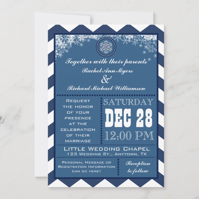 Winter Chevron Pattern Snowflake Wedding Invite (Front)