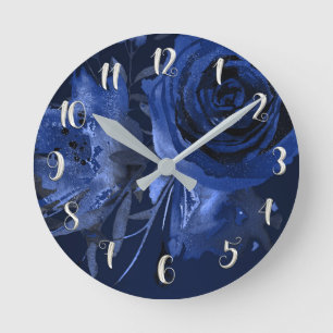 Winter Chic Bold Floral Blue Roses Elegant Chic Round Clock