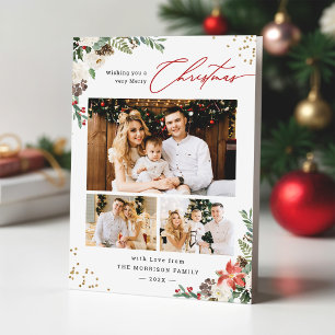 Winter Chic Botanical Floral 3 Photo Christmas Holiday Card