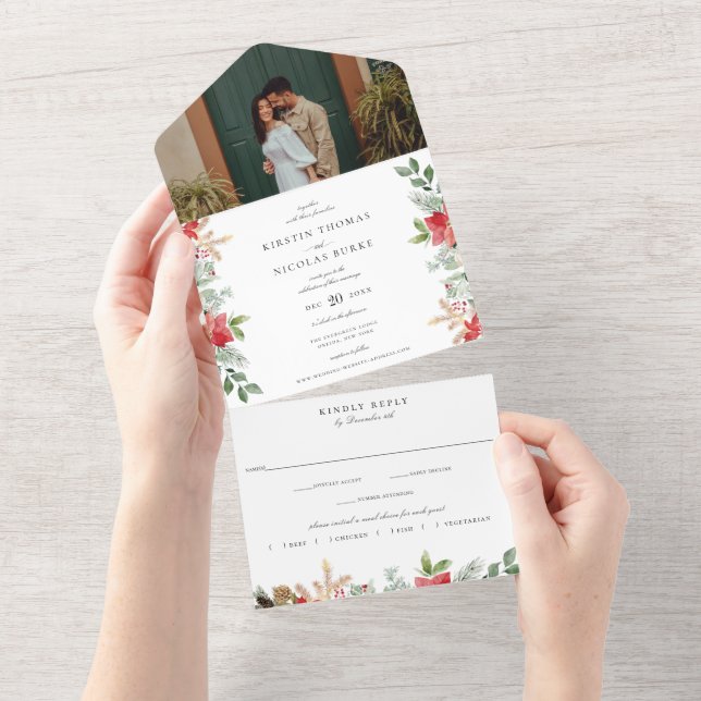 Winter Chic Botanical Floral Green Wedding All In One Invitation (Tearaway)