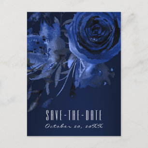 Winter Chic Floral Blue Rose Bold Save the Date Announcement Postcard